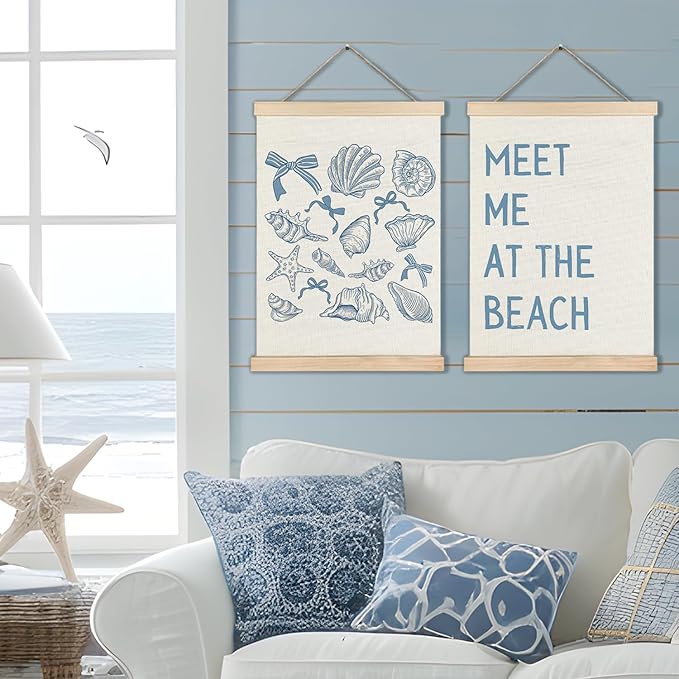 RYYCDOI Seashell Cowgirl Beach Room Decor Set of 2, Meet Me At The Beach Wall Decor, Blue Beach Decor for Teen Girls Room, 12x16 Inches