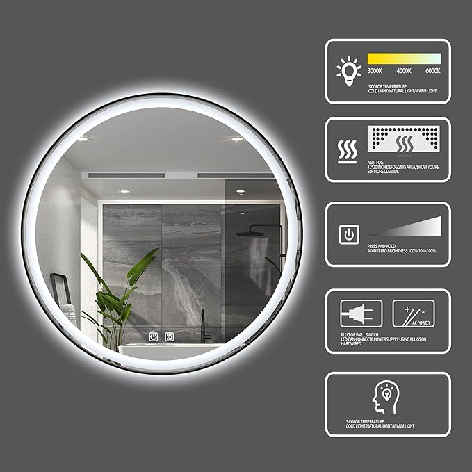 Itrue 36 Inch LED Bathroom Round Mirror, Black Metal Frame, Adjustable Color Temp & Brightness,Anti-Fog,Shatter-Proof Tempered Vanity Mirror for Wall