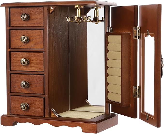 Wooden Jewelry Box, Jewelry Organizer With 5 Drawers Built-in Necklace Carousel and Mirror for Necklaces, Earring, Rings (Dark Wood Color)