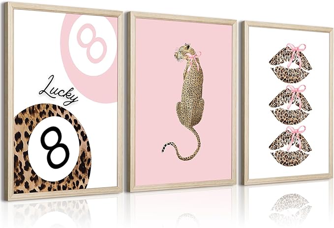 Pink Leopard Wall Art Decor Cheetah Trendy Poster Preppy Aesthetic Canvas Room Decor Pictures Coquette Y2k Wall Art 8 Ball Prints Pink Fashion Bow Artwork for Girls Bedroom 12x16x3 Inch Wood Framed
