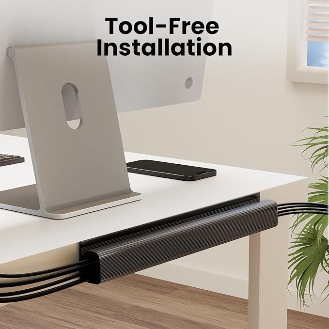 EVEO Cable Management Under Desk Kit (12 Units) - Under Desk Cable Management Cord Hider, Cable Hider Cord Management, Cable Organizer, Cord Organizer Tray - 192'' J Channel (12X16) - Black