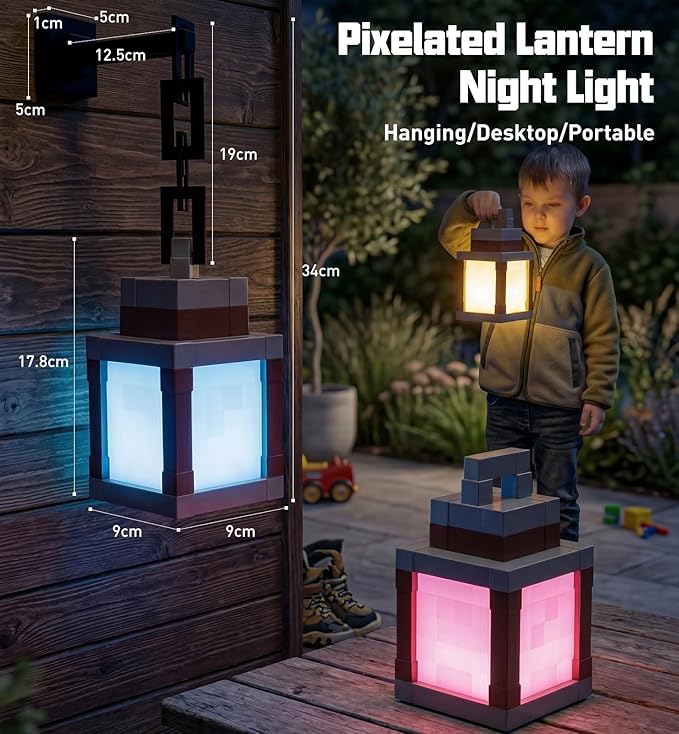 Pixelated Lantern Night Light with Timer 16 Color RGB Pixel Lantern Lamp Rechargeable Retro Pixel Decor Light with Remote & Touch Control, Hanging or Tabletop for Bedroom Desk Gaming Room Decor Gift