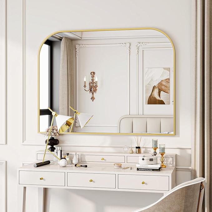Gold Arched Top Wall Mounted Mirror - 48 x 30 Inch Round Cruved Top Bathroom Vanity Mirror, Aluminum Metal Framed, Home Decor for Living Room, Bedroom, Fireplace, Mantle, Entryway