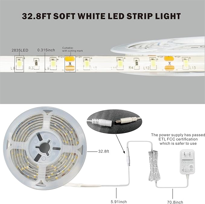 Yonikku Bright White LED Strip Lights - 32.8FT Waterproof Outdoor & Indoor LED Tape Light (6500K, Plug-in)
