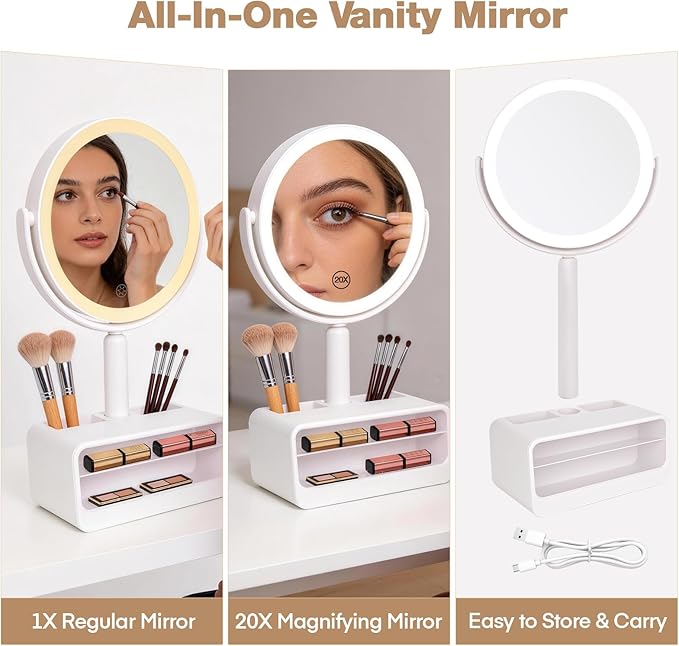 Makeup Mirror with Lights-1x/20x 360° Rotation Vanity Mirror with 3 Color Temperatures & Dimmable LED Lights, Rechargeable Desktop Mirror with Brush Holder & Cosmetics Organizer-Gift for Her