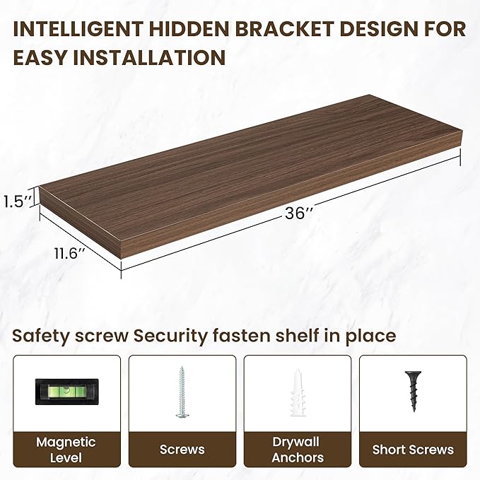 Acovy 36 Inch Floating Shelves, 12 Inch Deep Floating Shelves for Wall, Floating Shelf with Invisible Brackets, Deep Shelves for Bathroom, Bedroom, Living Room, 2 Pack, Walnut