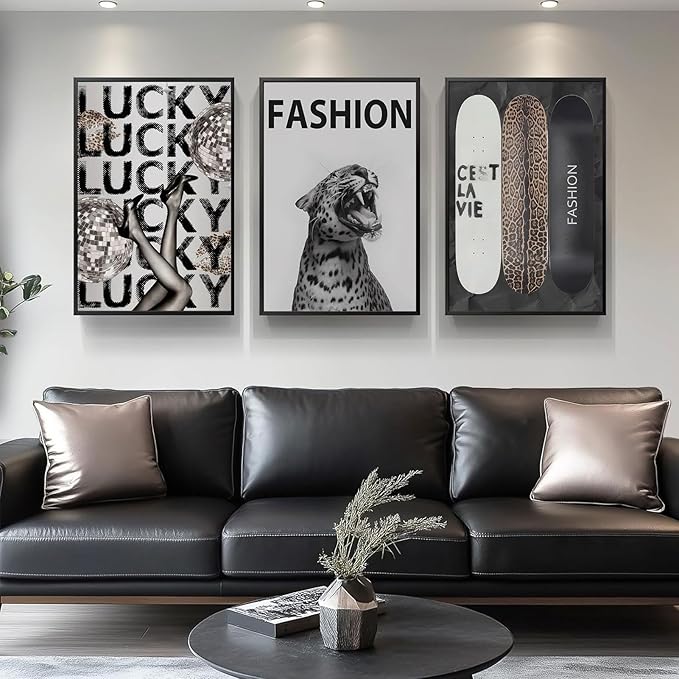 Trendy Leopard Wall Art Fashion Cheetah Lucky Skateboard Wall Decor Pictures Funky Vintage Preppy Luxury Aesthetic Posters Prints for Girly Bedroom Apartment Dorm Decoration Unframed 12x16in