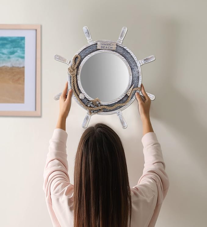 CoTa Global Silver Sea Beach Wall Decor Nautical Ship Wheel Mirror - Handcrafted Wooden Ship Wheel Mirror with Hanger, Nautical Themed Home Decor, Decorative Ornament