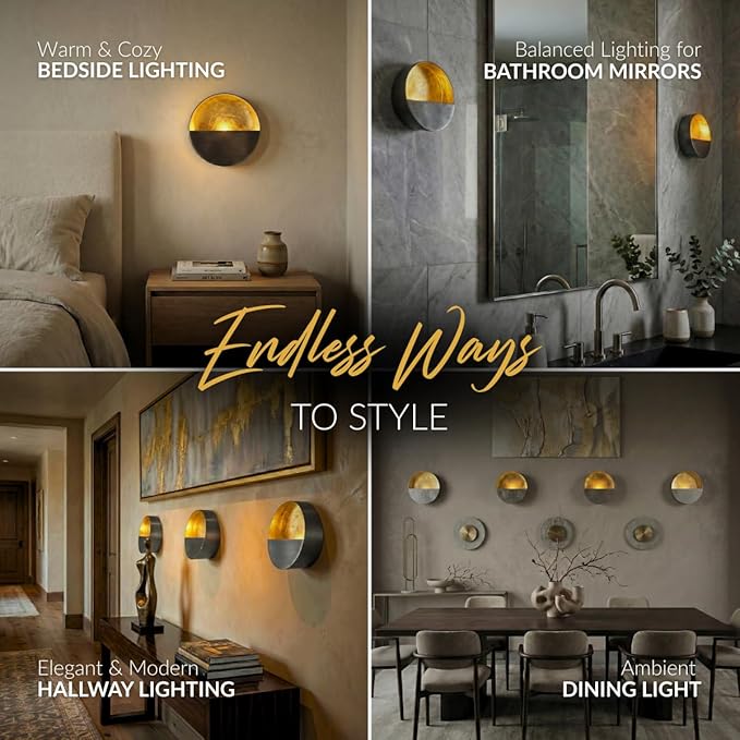 NativeSkins Eclipse Wall Candle Sconces Set of 2 – 6.5" Round Metal Tea Light Holders (3" Depth) with Gold Leaf Interior – Antique Nickel Decorative Accent for Bedroom, Hallway, Bathroom