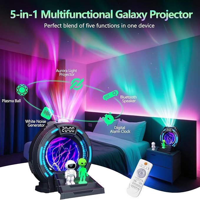 Galaxy Projector with Plasma Ball, 8 Aurora Lights, White Noise Machine, Bluetooth Speaker, Timer Alarm Clock, Remote Controlled Night Light for Bedroom, Kids/Adults, Party
