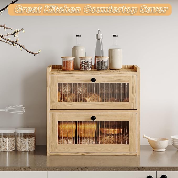 Alpeir Double Layer Large Bread Box for Kitchen Counter, Wooden Corner Bread Storage Container with Acrylic Window, Original