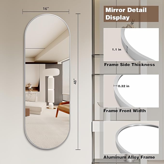 Niccy 48"×16" Oval Full Length Mirror, Long Oval Mirror with Unique Metal Frame Large Explosion-Proof Hanging Mirror for Living Room, Decorative Vanity Mirror for Bathroom, Bedroom, Silver