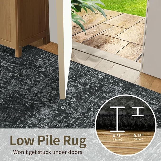 Rugxara 9x12 Area Rugs for Living Room Bedroom, Large Washable Rug, Black Vintage Floral Boho Rug, Non Slip & Low Pile Faux Wool Thin Carpet for Indoor Dining Room and Kids Room(Black 9x12ft)