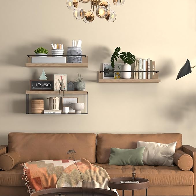 PopiShelves Bathroom Shelves Over Toilet for Wall, Floating Shelves with Storage Basket Paper Holer for Kitchen Living Room, Bedroom & Classroom, Set of 3 (Nature Wood)
