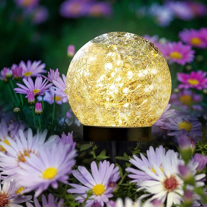 SyouHome Solar Garden Lights Outdoor Waterproof, 4 Pack Cracked Glass Ball Light, Ground Landscape Garden Decor, Solar Globe Decorative for Pathway/Patio/Lawn/Yard (Warm White, 4.7")