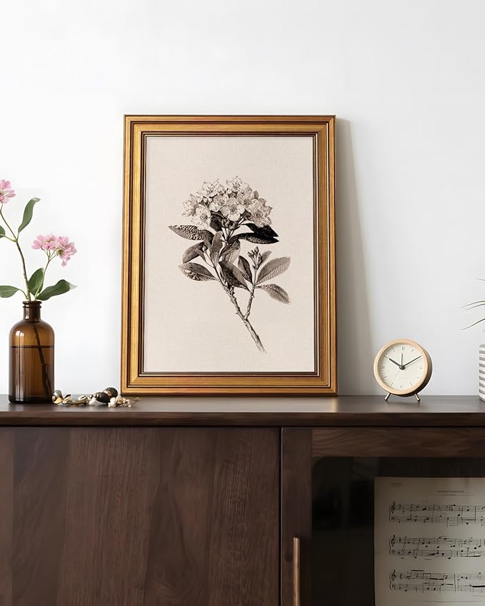 Bzstyleart Vintage Wall Art Decor, Canvas Framed Flower Wall Art, Sketch Painting Picture Vintage Home Decor Aesthetic for Living Room, Bathroom Pictures, Pennsylvania Mountain Laurel, 12L x 16W
