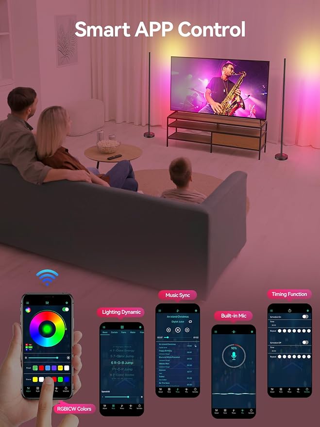 OIYN Smart RGBICW LED Corner Floor Lamp - 16 Million DIY Colors, 68+ Scenes, Music Sync, App & Remote Control, Color-Changing Ambient Lighting for Living Rooms, Bedrooms, and Gaming Rooms
