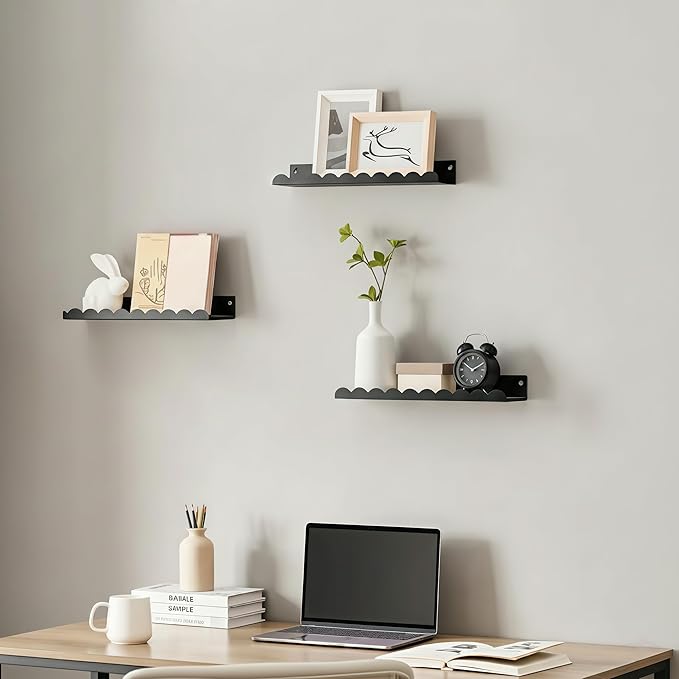 Nursery Book Shelves Set of 6, Black Metal Floating Shelves for Wall, 16 Inch Scalloped Book Shelf for Kids Room, Bathroom, Bedroom, Playroom Wall Decor & Storage