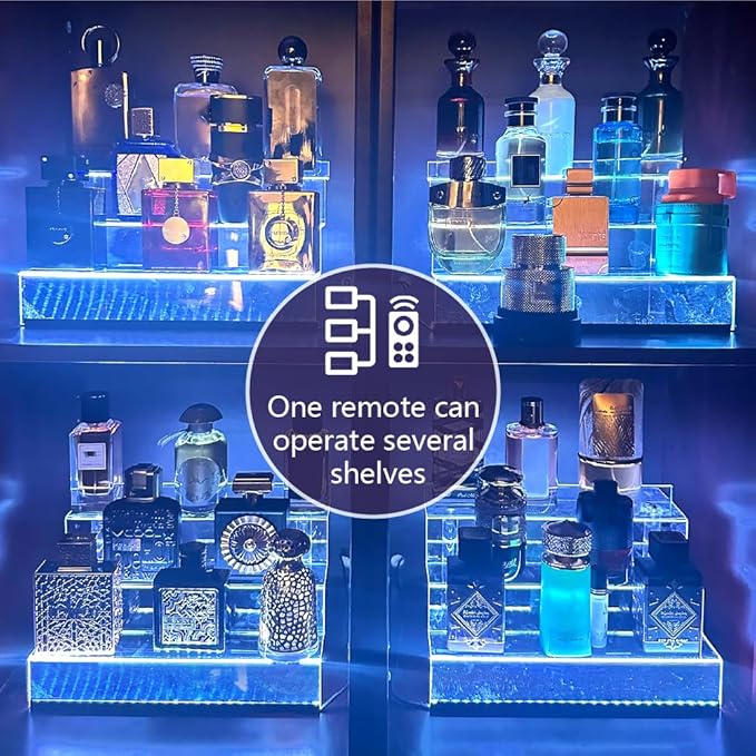 12 IN Clear Acrylic Display Riser Shelf with LED light,3 Tier Display Step Shelves Holder, Perfume Cologne Organizer Holder,Pops Toys Figures, Clear Cupcake Riser, Dessert Shelf, Decoration on Tabletop(2 Pack)
