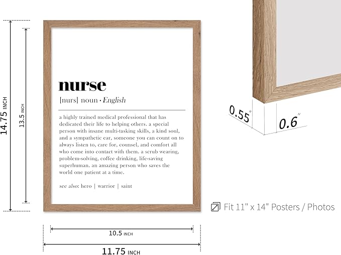 Poster Master Typography Poster - Dictionary Print - Nurse Definition, Amazing Person Who Saves the World, Hero, Saint - Gift for Friend - Wall Decor for Home, Hospital, 11x14 Beige Framed