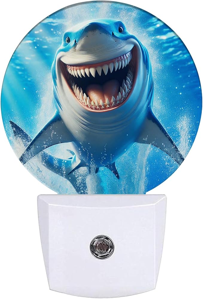 Funny Shark Night Light Sea Animals Night Lights LED Lamp Round Plug into Wall Nightlight with Dusk to Dawn Sensor Home Hallway Stairway Kitchen Decor