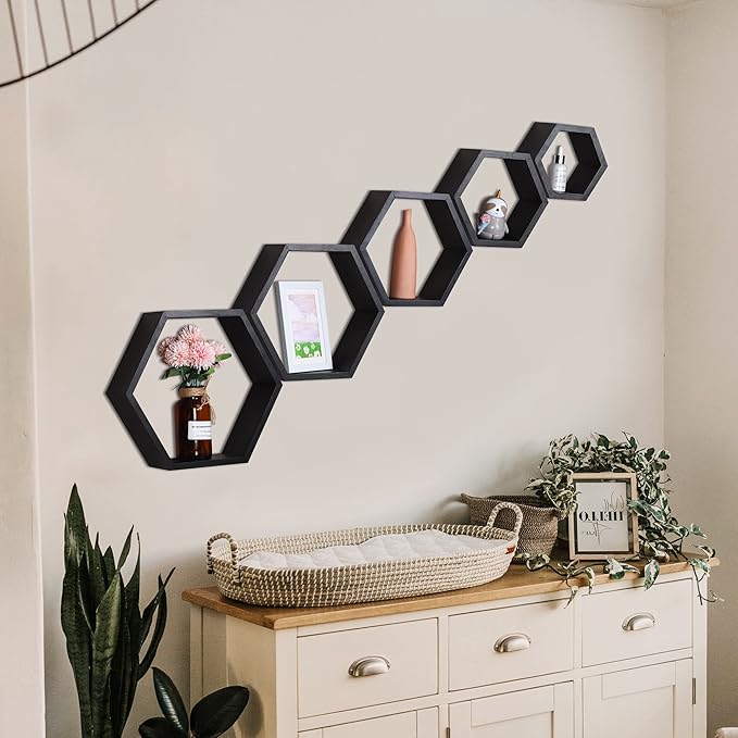 PHOENANCEE Hexagon Floating Shelves,Wall Mounted Wood Farmhouse Storage Honeycomb Shelf Set of 5,for Bathroom, Kitchen, Bedroom, Living Room,Office,Home Room Wall Decor Driftwood Finish