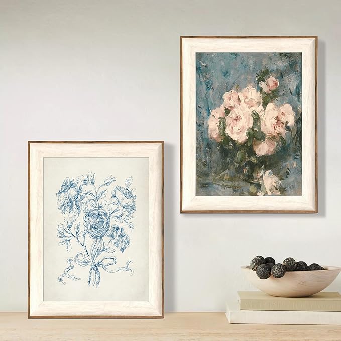 ASTRDECOR Framed Vintage Wall Art for Bathroom, Botanical Blue Wall Art for Home Decor Aesthetic, Victorian Blue Rose Bouquet Sketch Painting Floral Canvas Art Prints, Antique Flower Pictures for Living Room - 12''x16''