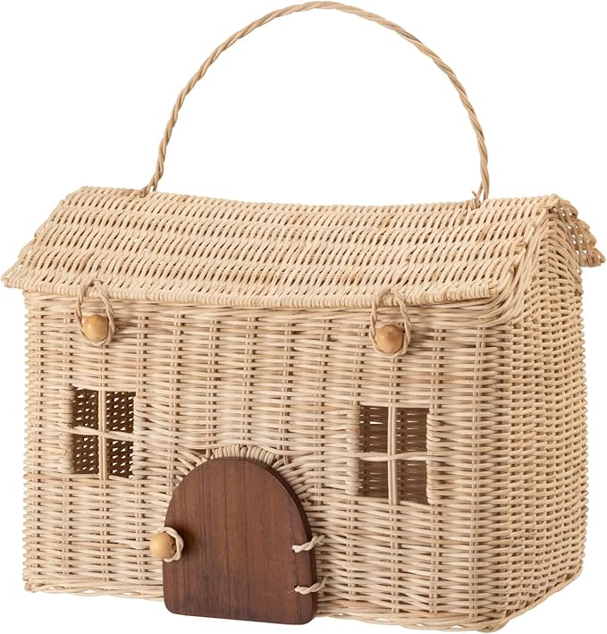 House Shaped Storage Basket, Square House Type, Extra Large Size, Natural, Rattan and Mindy Wood Door, D11"xW16"xH12" (28x41x32cm), Indirect Lighting Box, BLY-22NA