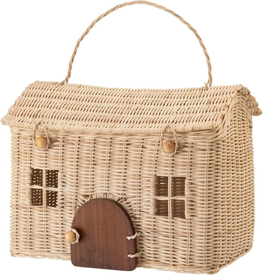 House Shaped Storage Basket, Square House Type, Extra Large Size, Natural, Rattan and Mindy Wood Door, D11"xW16"xH12" (28x41x32cm), Indirect Lighting Box, BLY-22NA