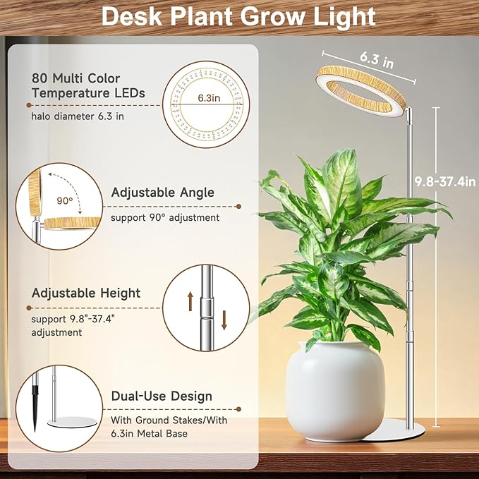 Aokrean Plant Grow Light, Full Spectrum 6.3in Plant Light for Indoor Growing, Height Adjustable 9.8"-37.4" with Auto Timer 6/12/16Hrs, 3 Optional Spectrums, 5 Brightness, Wood Grain Desk Growing Lamp