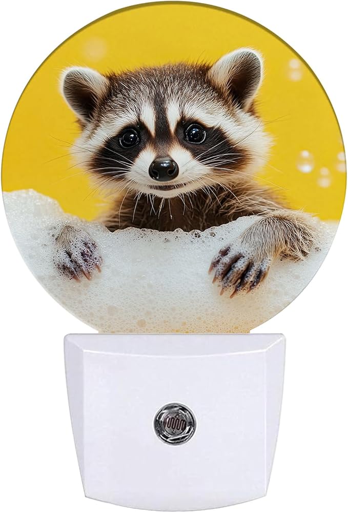 Cute Raccoon Night Light Animal Night Lights LED Lamp Round Plug into Wall Nightlight with Dusk to Dawn Sensor Home Hallway Stairway Kitchen Decor
