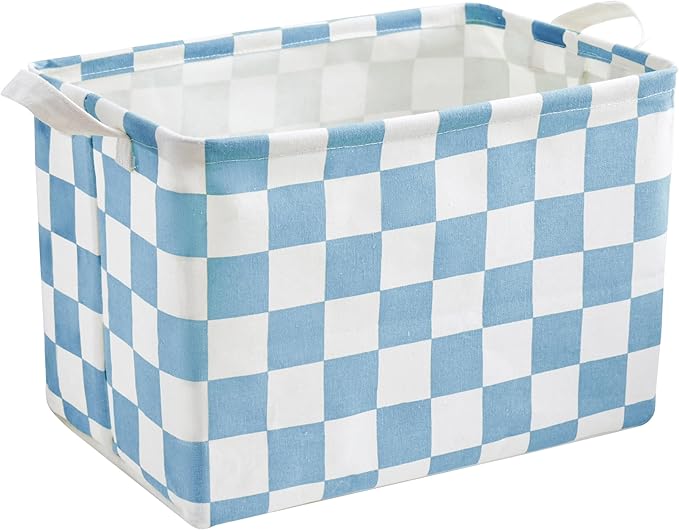 Ohocut Blue Checkered Canvas Basket, Rectangular Organizing Decorative Storage Basket for Kids, Dog Toy, Cute Aesthetic Boys Room Decor for Home, Kitchen, Bedroom, Classroom, Shelves