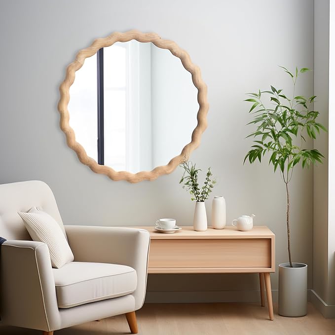 Irregular Wall Mirror,Wood Round Farmhouse Mirror Unique Vanity Mirror,28" Nature Wooden Modern Bathroom Mirror for Washroom Living Room Bedroom