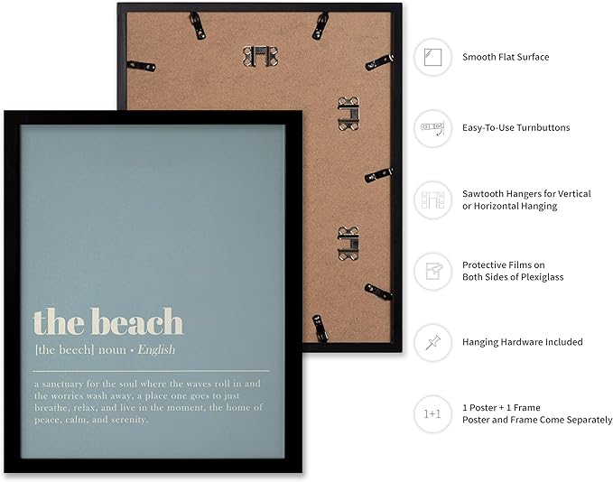 Poster Master Typography Poster - Dictionary Print - Beach Definition, Home of Peace and Calm, Sanctuary, Waves, Soul, Relax - Gift for Family, Friend - Wall Decor for Home, 16x20 Black Framed
