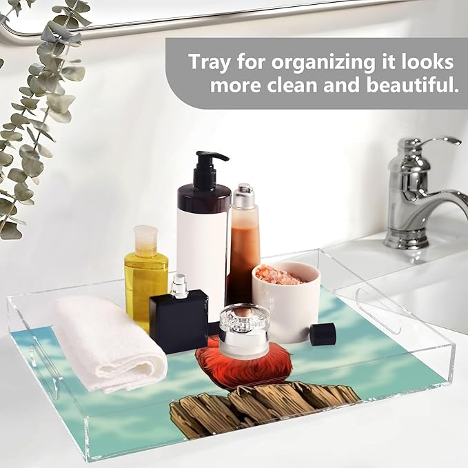Qilmy Red Bird Acrylic Serving Tray with Handles 15.7 x 11.8 Inch, Clear Reusable Decorative Tray, Multi-Purpose Spill Proof Table Tray for Party, Coffee, Bathroom, Kitchen, Office