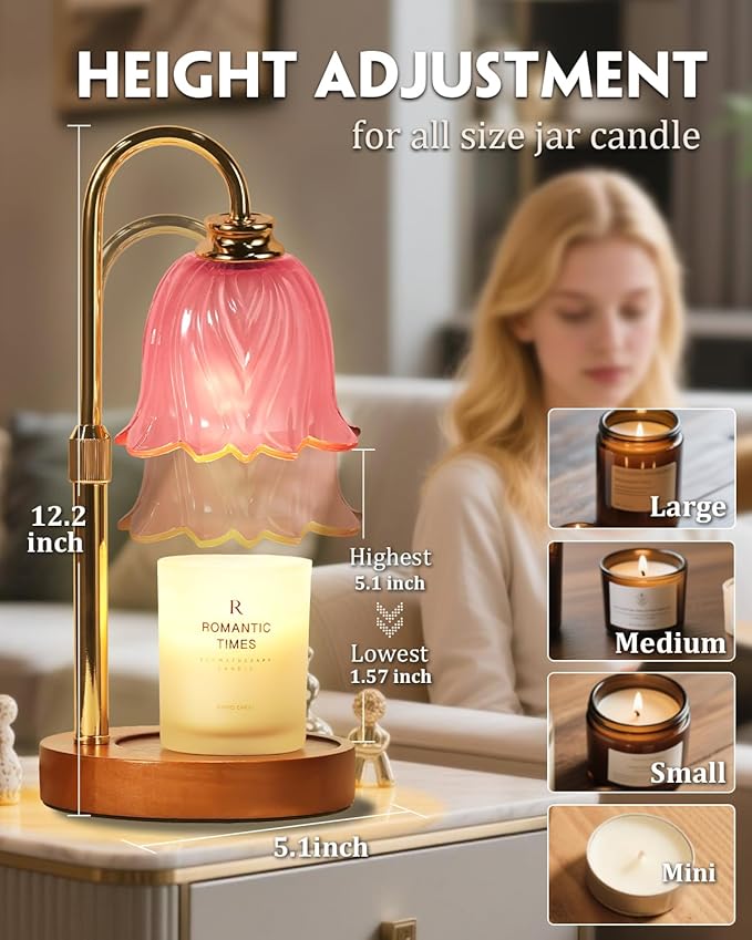 Funistree Candle Warmer Lamp, Gold Candle Lamp Warmer with Timer & Dimmer with 2 Bulbs, Birthday Gifts for Women Mom, New Home Bedroom Decor, Height Adjustable