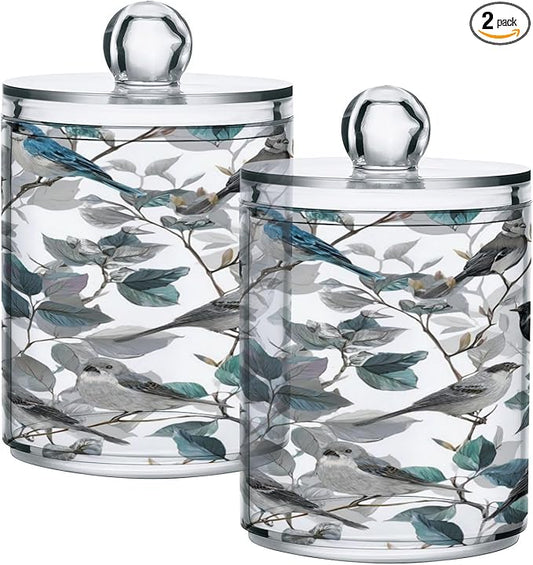 2 Pack Apothecary Jars Blue Birds Branch Design Bathroom Vanity Storage Organizer Set,Small Clear Plastic Storage Jars Bathroom Canister for Cotton Swabs, Rounds, Balls, Qtips,Makeup Sponges, F