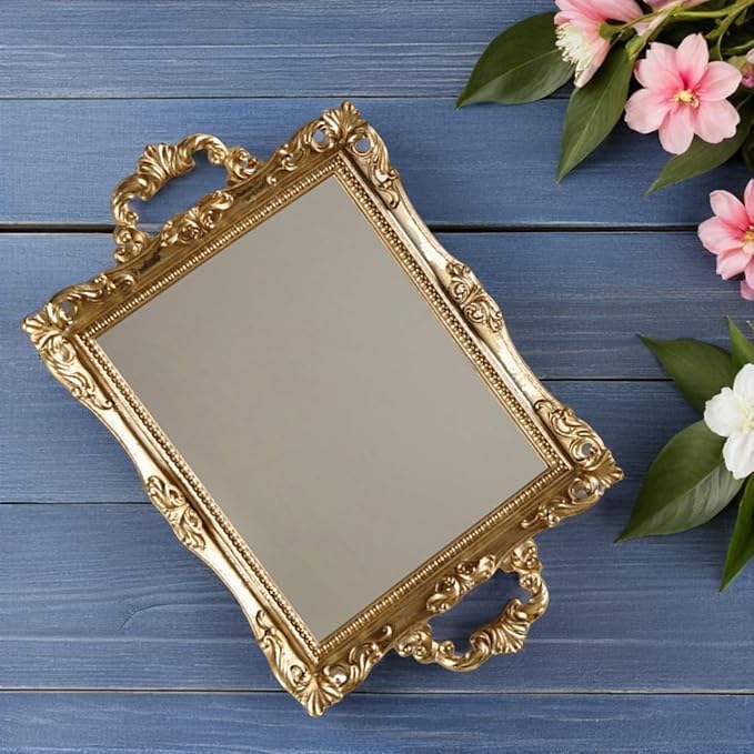 BESPORTBLE Vintage Carved Mirror Tray Nordic Style Retro Gold Resin Decorative Storage Plate for Makeup Perfume Vanity Table Organizer
