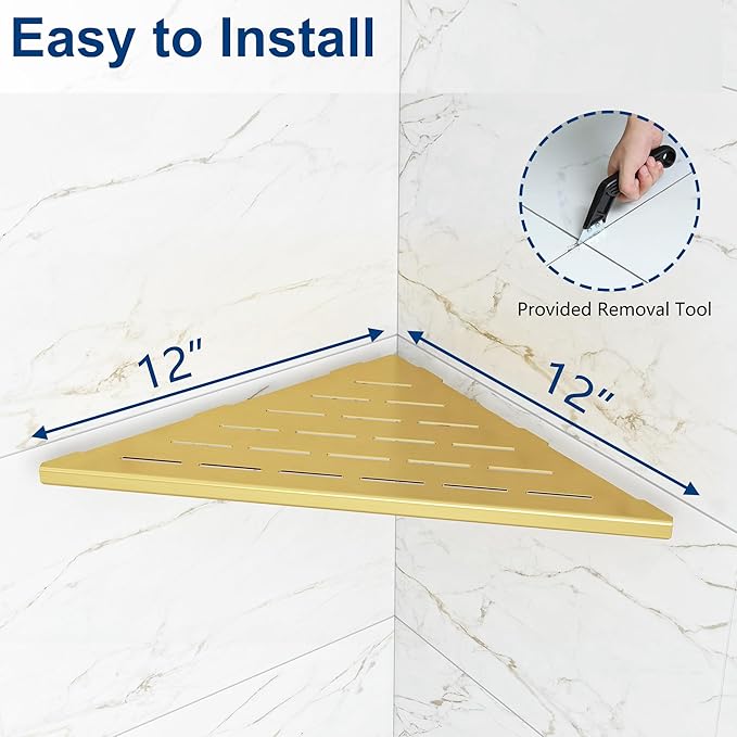 Qeke Corner Shower Shelves, 12” Recessed Tile Shower Shelf, 304 Stainless Steel Grout in Corner Tile Shower Shelves, No Drilling, Brushed Golden, 2 Pack