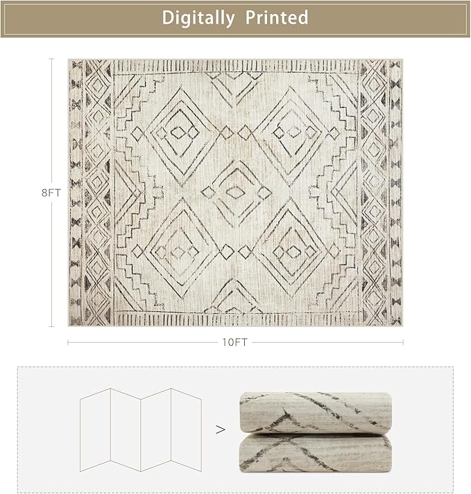 Srugn Washable Rugs 8x10 Area Rugs for Living Room,Bedroom,Dining Room- Large Ultra Soft Faux Wool Retro Carpet,Non Slip&Non-Shedding Low Pile Morocco Rug for Farmhouse Home Office Dorm(Beige-Brown)