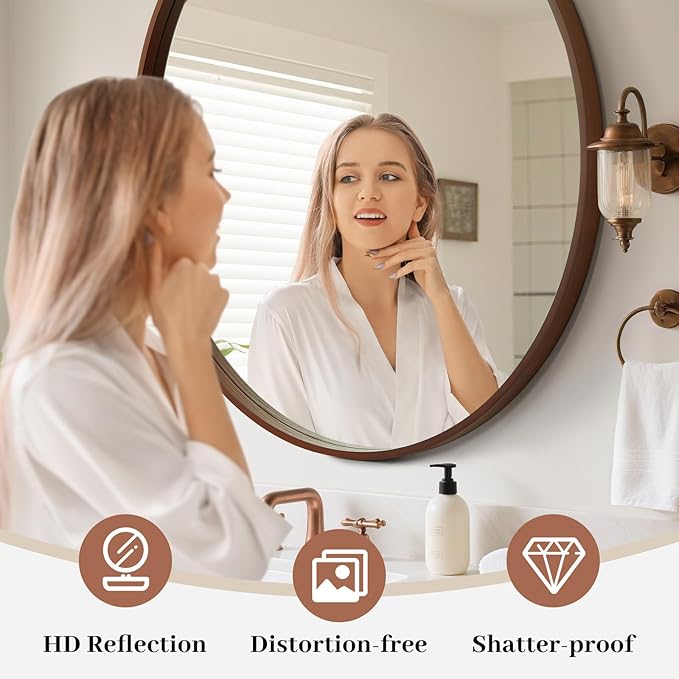 WallBeyond Round Wood Mirror, 36" Round Modern Decoration Large Circle Wall Mirror for Bathroom Living Room Bedroom Entryway, Walnut