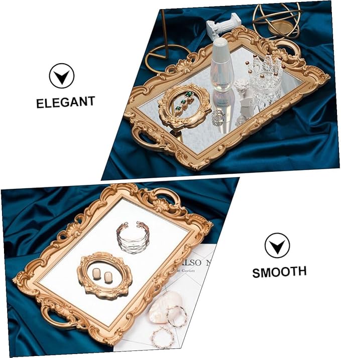 Retro Mirror Makeup Tray Golden Rectangular Plastic Cosmetics Storage Plate European Style Perfume Organizer Decorative Household Vanity Display Tray