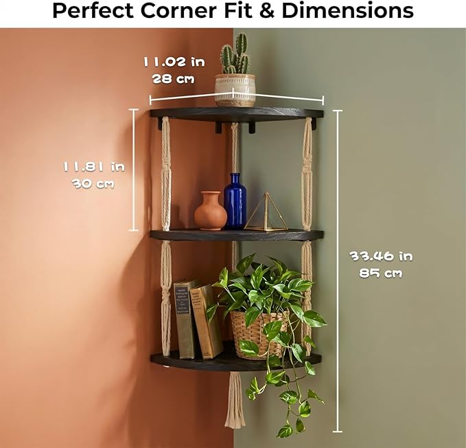 REFGY 3-Tier Corner Floating Shelves with Aesthetic Greenery & Fairy Lights - Premium Wood-Textured Boho Wall Hanging Shelf - Stable L-Bracket Support for Home Decor, Office & Small Spaces