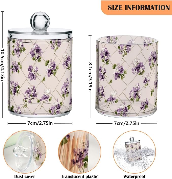 2 Pack Apothecary Jars Vintage Purple Clover Floral Art Bathroom Vanity Storage Organizer Set,Small Clear Plastic Storage Jars Bathroom Canister for Cotton Swabs, Rounds, Balls, Qtips,Makeup Sp