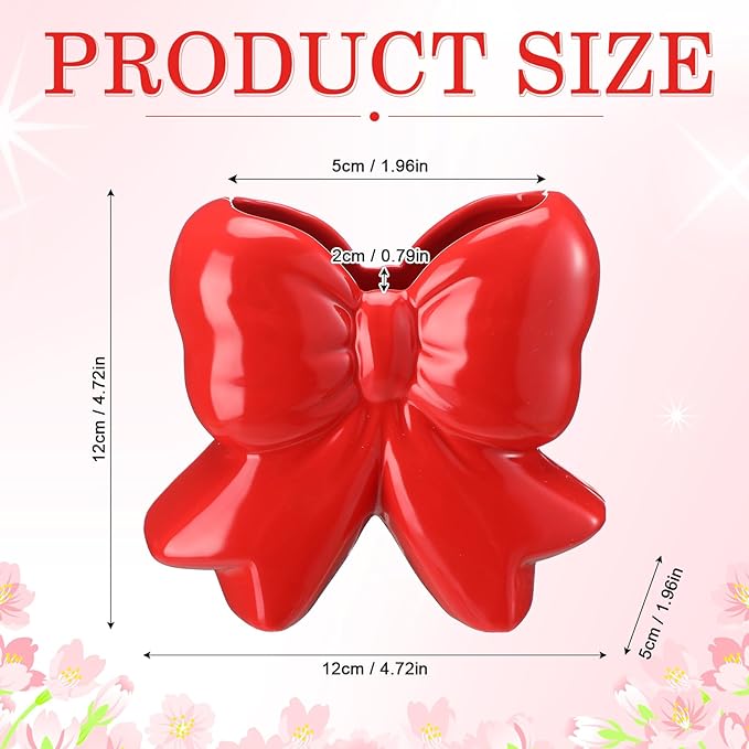 Jingmore Bow Vase Coquette Ceramic Vase Pen Holder Makeup Brush Holder Contemporary Design Decorative Women Gift for Christmas Home Office Shelf Table Room(Red,Small,Classic)