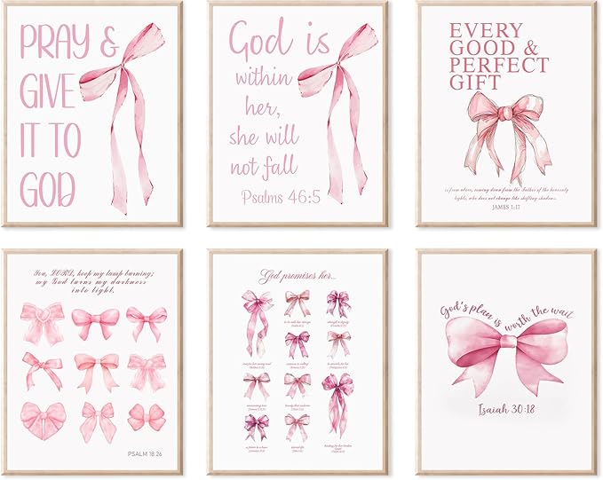 KBKBART Coquette Pink Bow Wall Art Decor Posters– Set of 6 Unframed 8x10 Prints, Inspirational Bible Verse Posters for Girls Room, Aesthetic Christian Decor for Bedroom, Bathroom, or Dorm