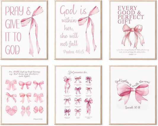 KBKBART Coquette Pink Bow Wall Art Decor Posters– Set of 6 Unframed 8x10 Prints, Inspirational Bible Verse Posters for Girls Room, Aesthetic Christian Decor for Bedroom, Bathroom, or Dorm