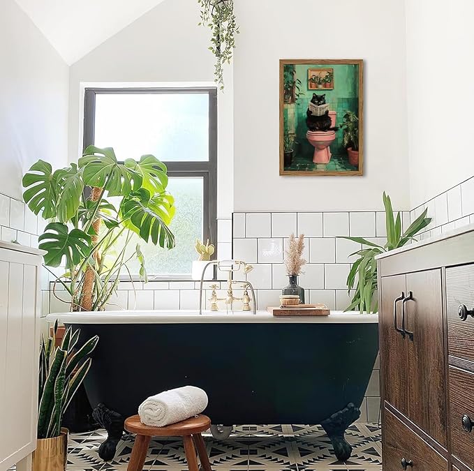 Funny Bathroom Cat Wall Art, Humorous Black Cat Restroom Wall Decor Paintings, Funky Animal on Toilet Reading Newspaper Canvas Prints Artwork 16x24 inch Wood Framed