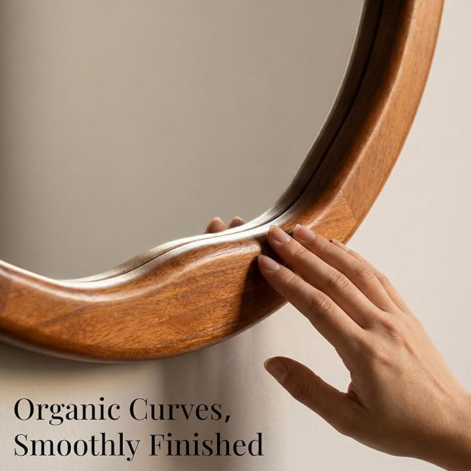 Walnut Round Mirror 24 Inch, Solid Wood Framed Bathroom Vanity Mirror with Wavy Inner Edge, Retro Mid-Century Wall Decor for Bedroom & Entryway