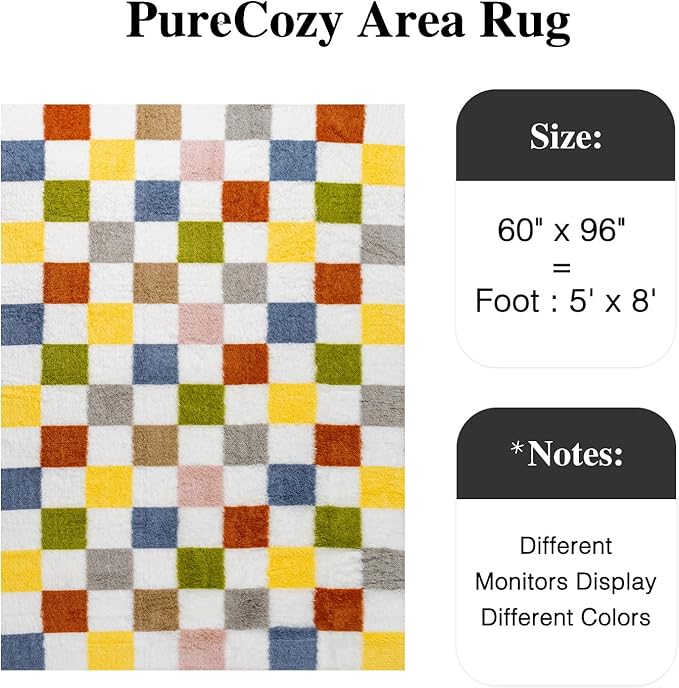 PureCozy Checkered Rug 5x8 for Living Room, Colorful Modern Shag Rug Super Soft Washable Indoor Fuzzy Carpet Non-Slip Fluffy Rugs for Bedroom Home Aesthetic Decor